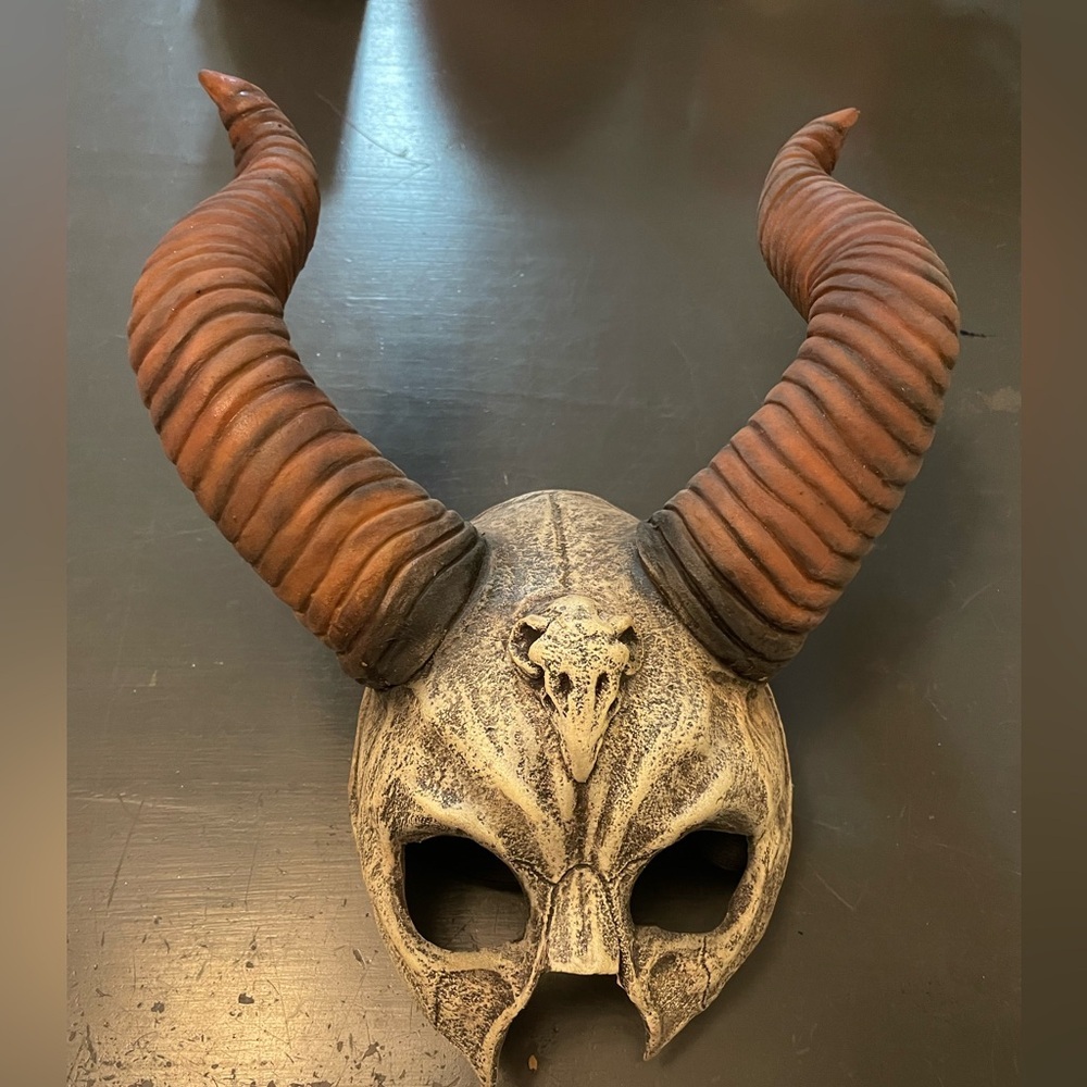 Horned Skull Mask in Weathered Bone and Rust Adult size